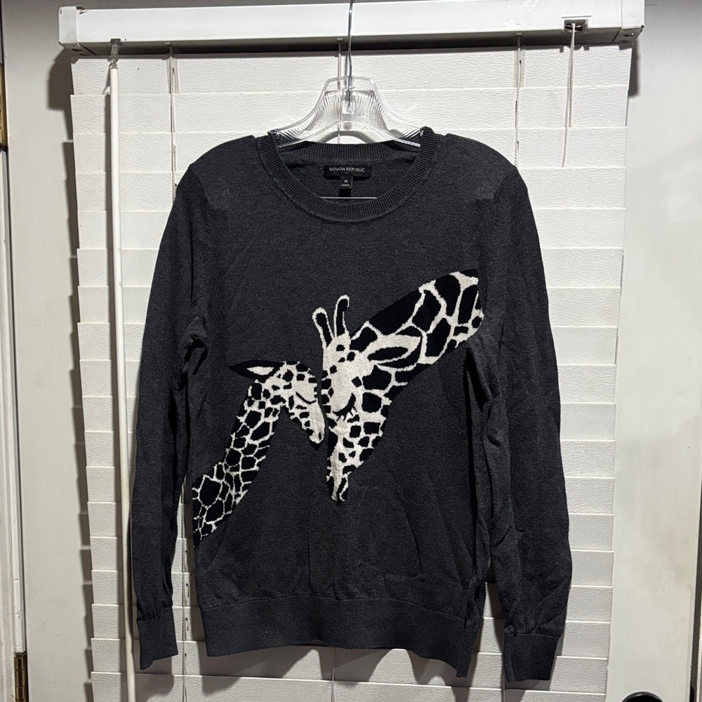 Banana Republic Dark Gray Crewneck Sweater with White & black Giraffe Motif